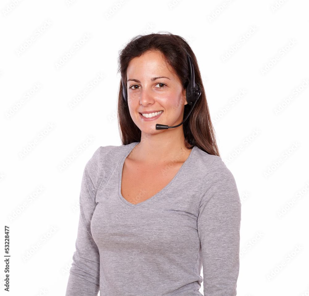 Pretty woman talking on headphones with microphone Pretty woman talking on headphones with microphone