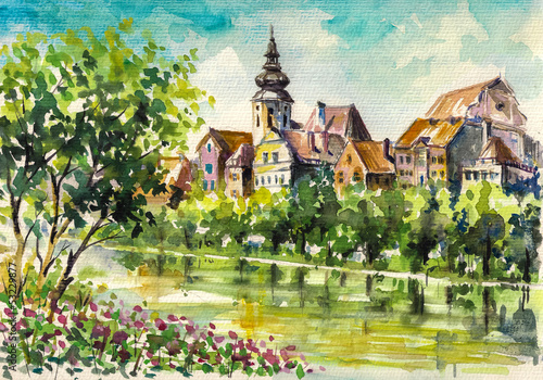 Spring in small city on the river.Watercolors.