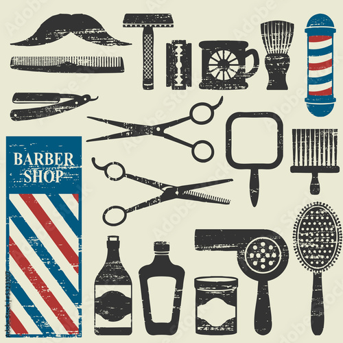 Vintage barber shop tools silhouette icons set