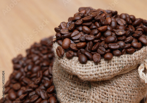 coffee beans in a burlap bag