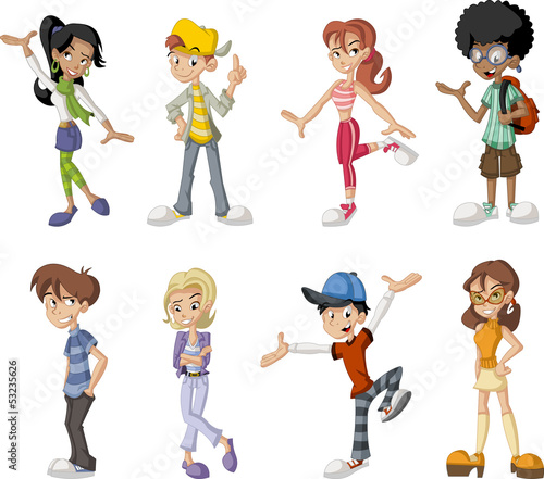 Group of eight happy cartoon children. Teenagers.