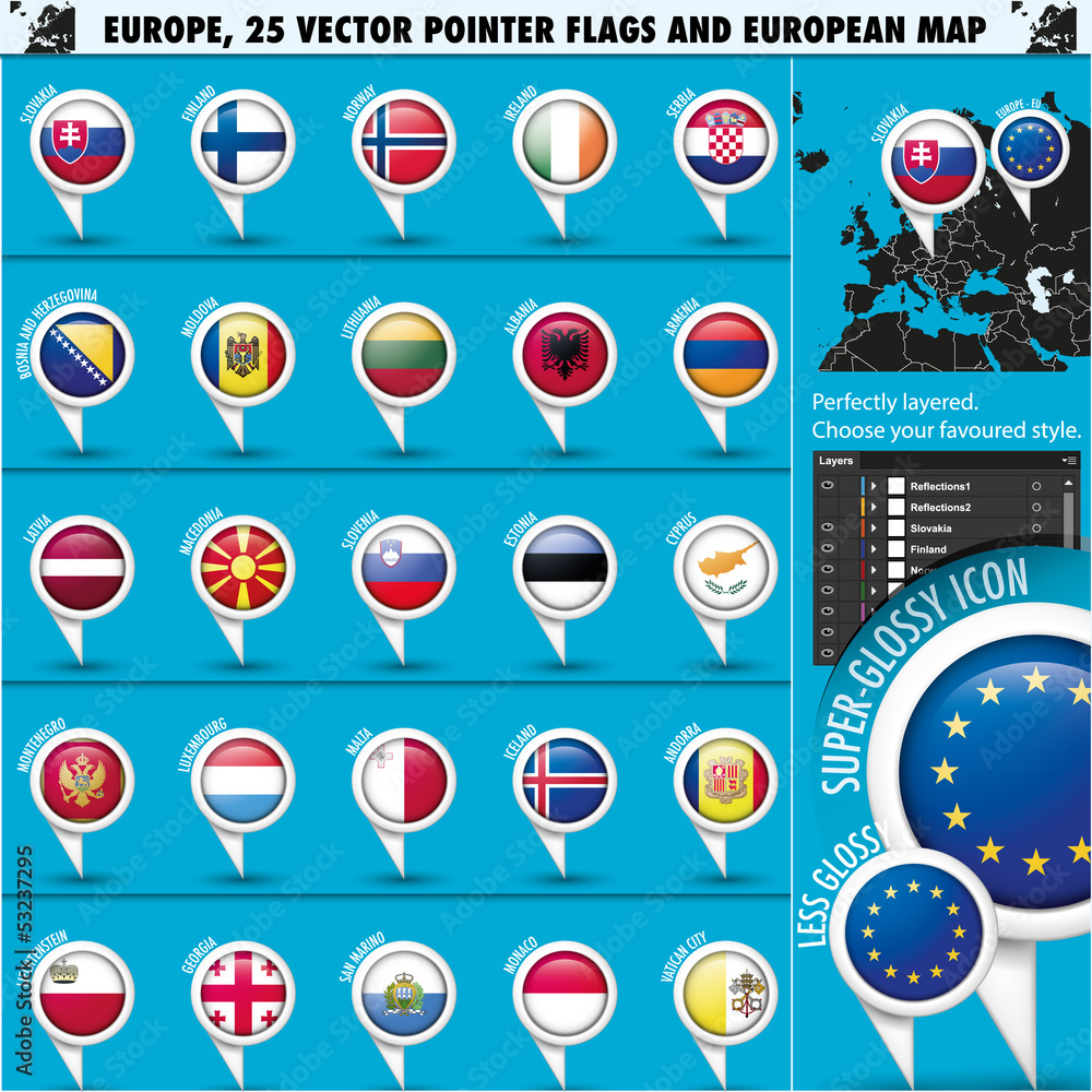 European Icons Round Indicator Flags and Map Set2