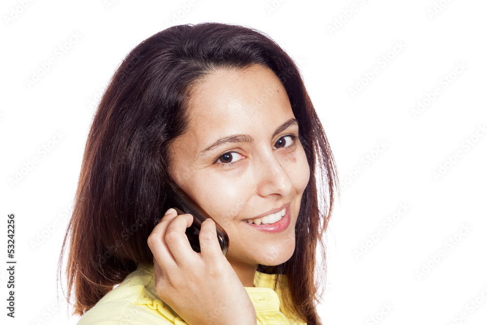 Close-up portrait of a beautiful woman speaking with mobile phon Close-up portrait of a beautiful woman speaking with mobile phon