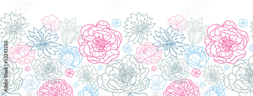 Vector gray and pink lineart florals horizontal seamless pattern