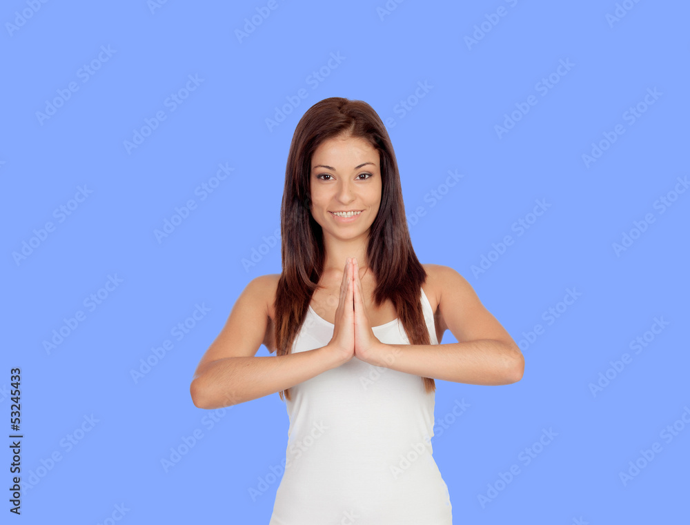 Attractive girl dressed in white practicing yoga Attractive girl dressed in white practicing yoga