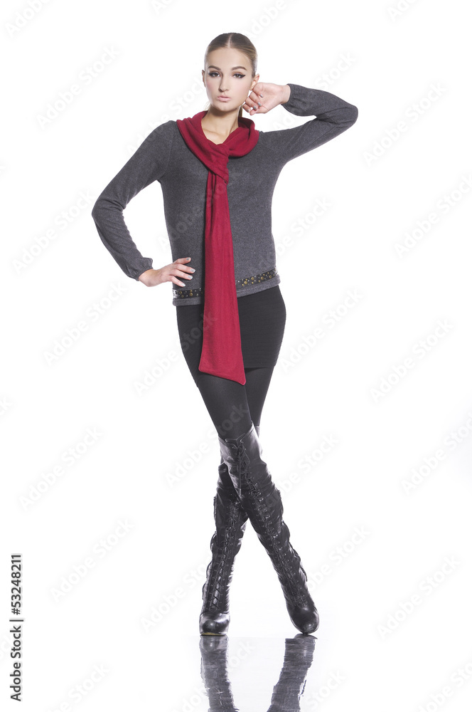 fashion model in casual clothes with scarf standing posing fashion model in casual clothes with scarf standing posing