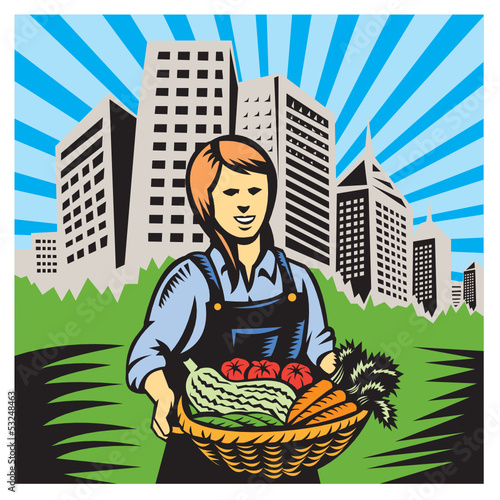 Female Organic Farmer Harvest Building Retro