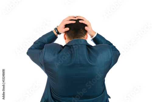 Business man standing back holding head with his hands