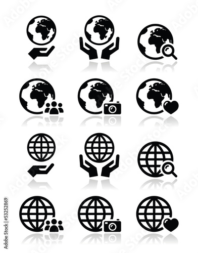 Globe earth with hands vector icons set with reflection
