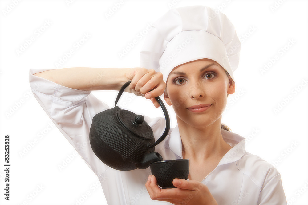 female cook / chef in uniform with teapot, isolated on white