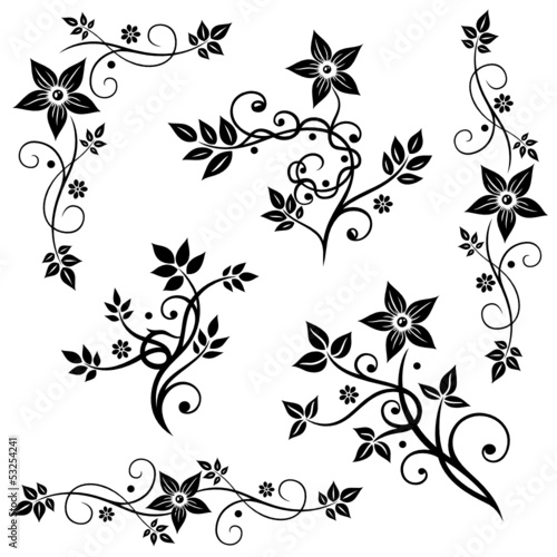 Blumen, Blätter, Ranken, vector set black