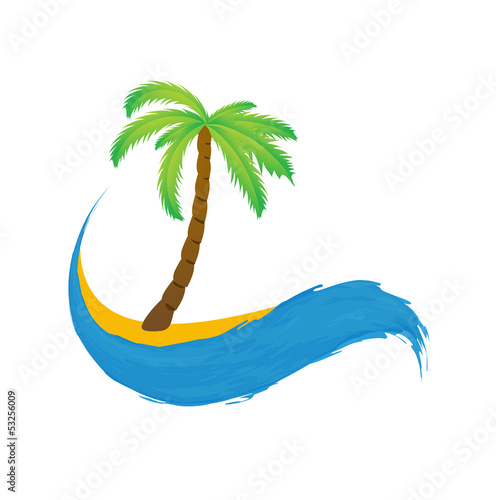 Tropical palm on island with sea. Vector icon.