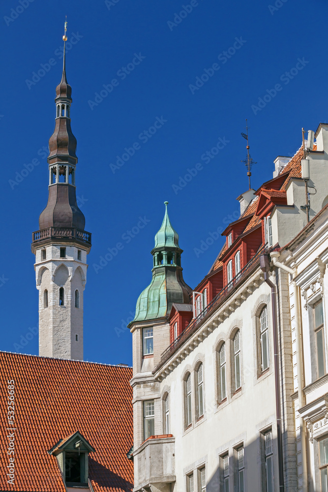 Street fragment with tall town hall tower. Old Tallinn, Estonia