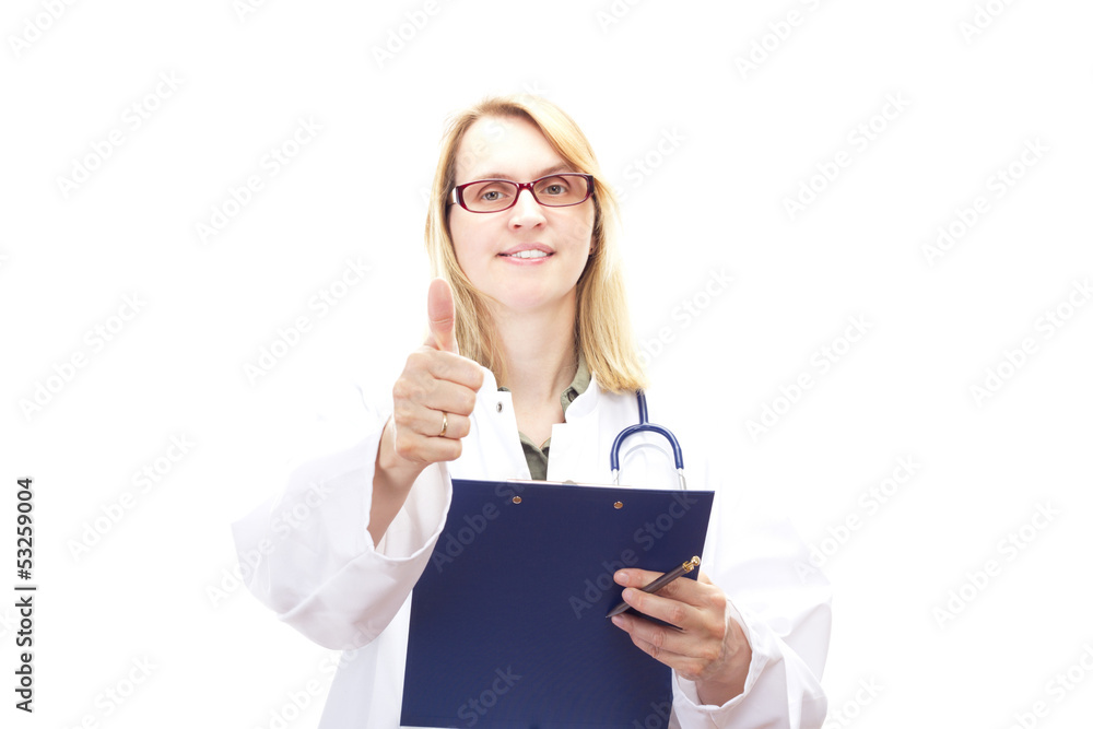 Female doctor with clipboard showing thumb up