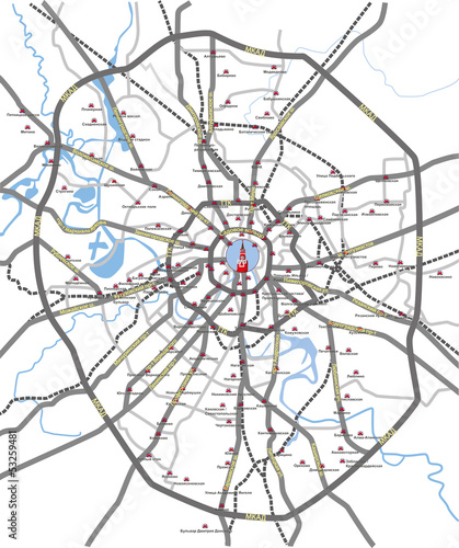 Map of Moscow main roads and subway station