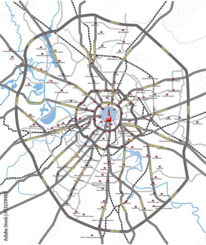 Moscow roads and subway stations map
