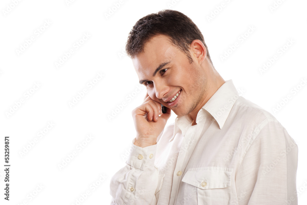 Man smiling and talking on phone isolated Man smiling and talking on phone isolated