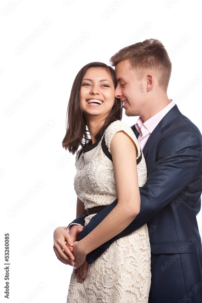 Man and woman smiling, hugging Man and woman smiling, hugging