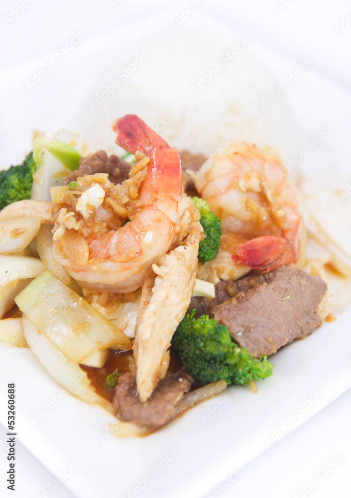 Stir fried garlic sauce with jasmine rice. Stir fried garlic sauce with jasmine rice.
