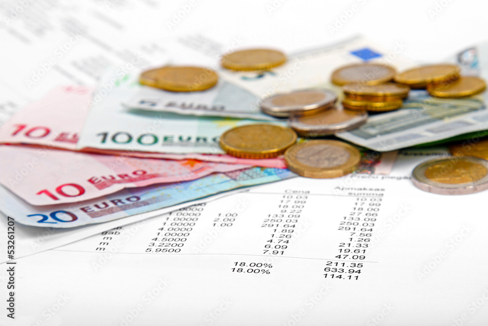 euro money coins and banknotes with payment bill euro money coins and banknotes with payment bill