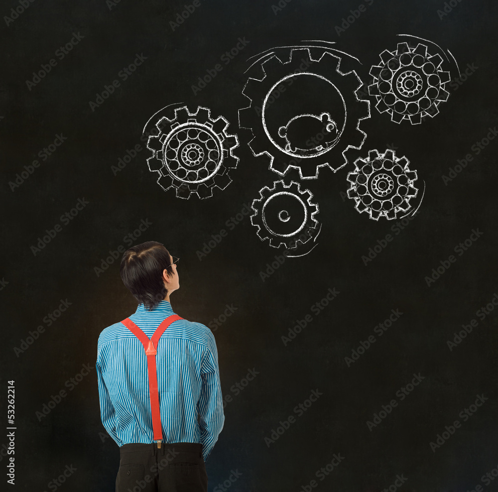 Businessman student teacher chalk running hamster gears cogs Businessman student teacher chalk running hamster gears cogs