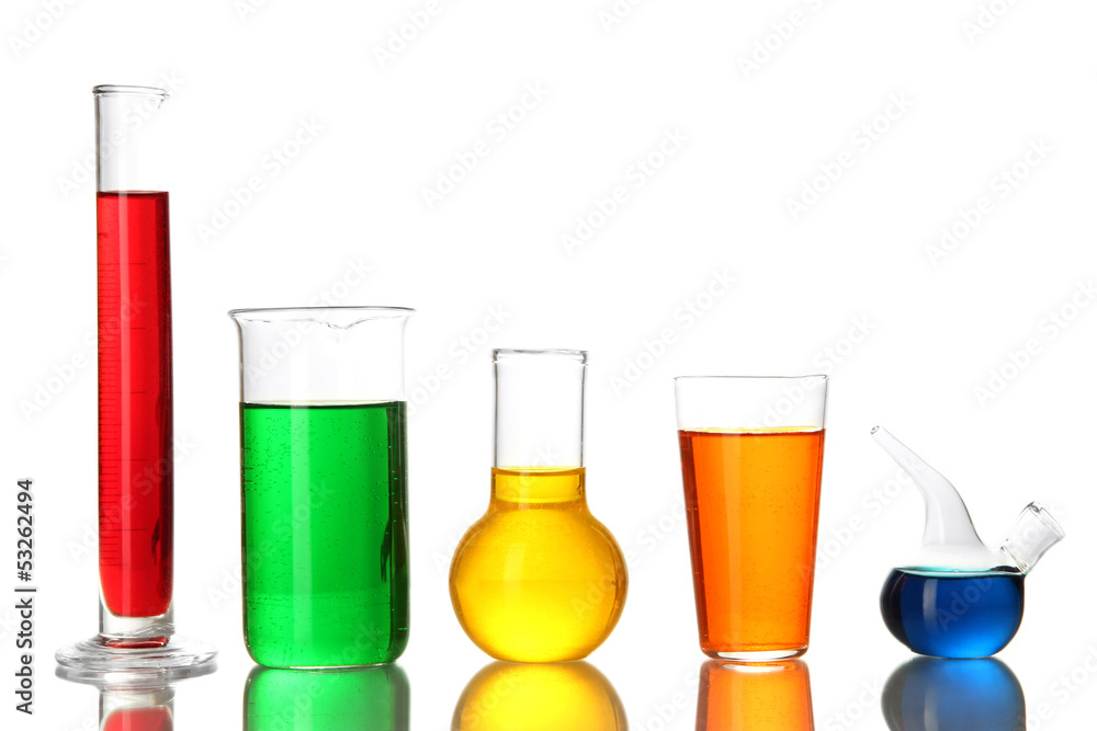 Test tubes with colorful liquids isolated on white Test tubes with colorful liquids isolated on white