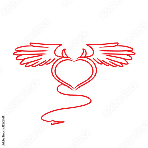 red and white heart with a tail, wings and horns tattoo