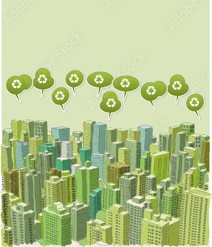 Big green city with buildings with recycling symbol