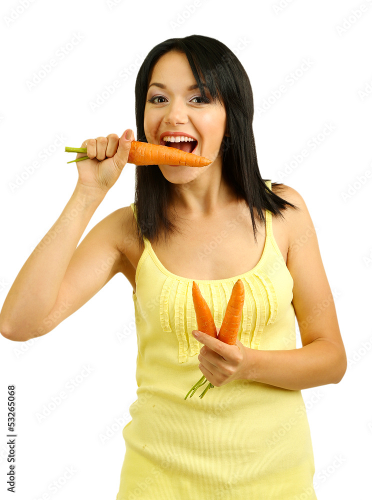 Girl with fresh carrot isolated on white Girl with fresh carrot isolated on white