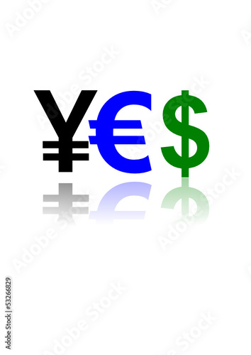 Schriftzug YES, Yen,Euro,Dollar