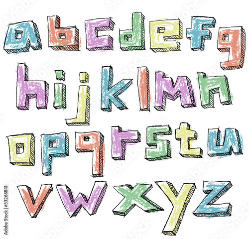 Colorful sketchy hand drawn lower case alphabet