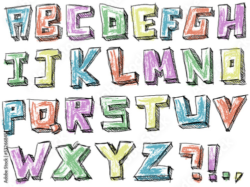Colorful sketchy hand drawn alphabet