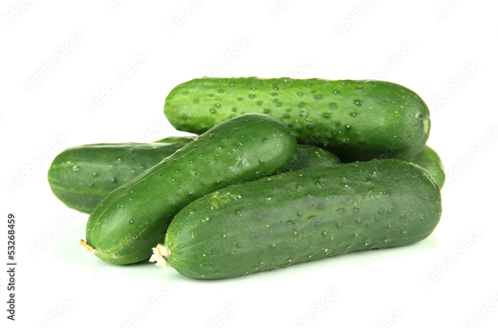 Tasty green cucumbers, isolated on white Tasty green cucumbers, isolated on white