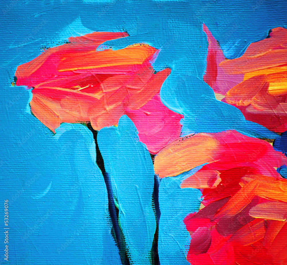 flowers of rose and blue sky, painting by oil on canvas