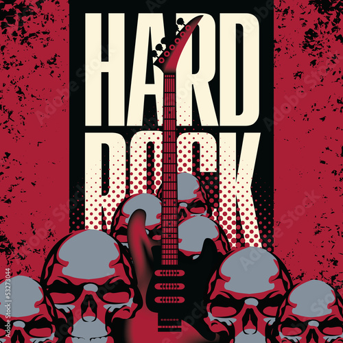 banner with a guitar human skulls and the words hard rock