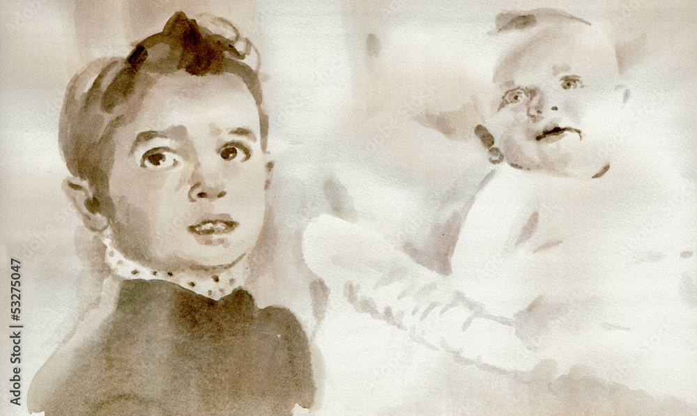Hand painting - portrait of baby and child (watercolors)
