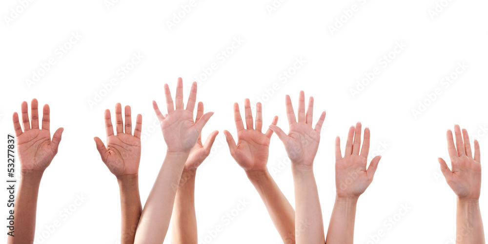Many Hands raise high up on white background