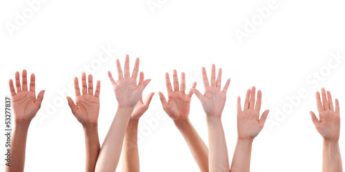 Many Hands raise high up on white background
