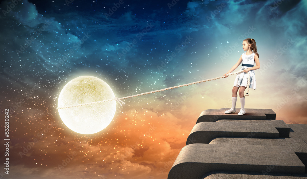 Obraz premium Little girl pulling moon