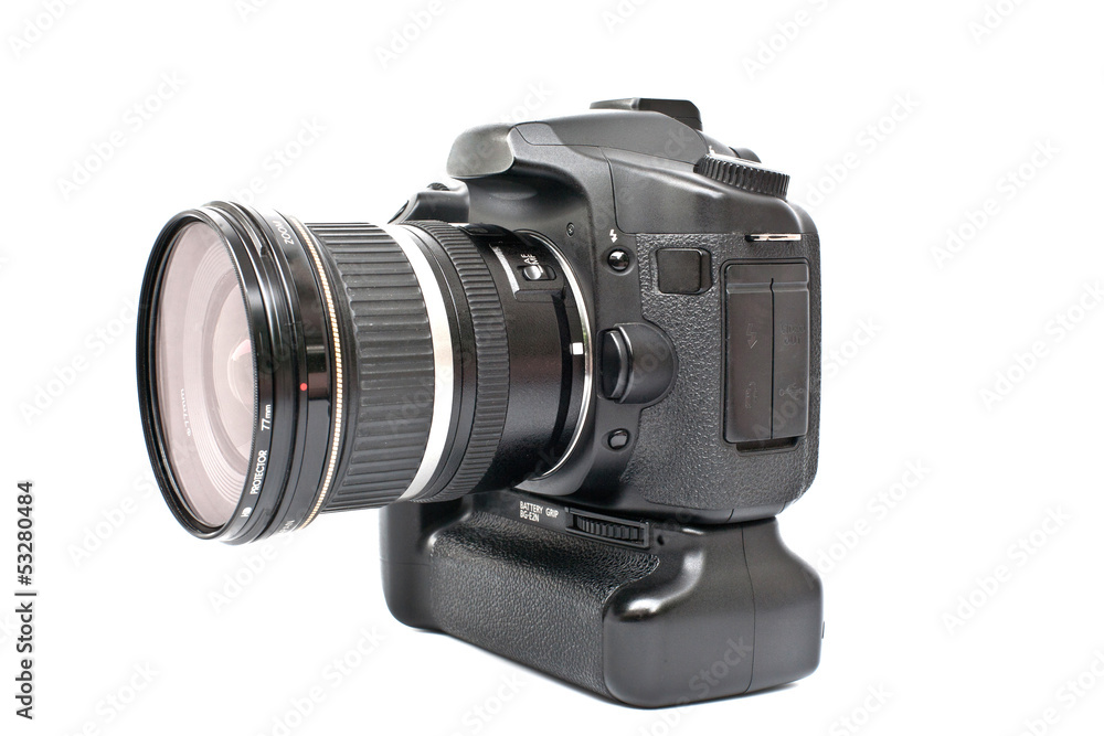 One black camera isolated on white background One black camera isolated on white background