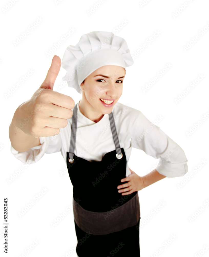Attractive cook woman showing ok over white background Attractive cook woman showing ok over white background