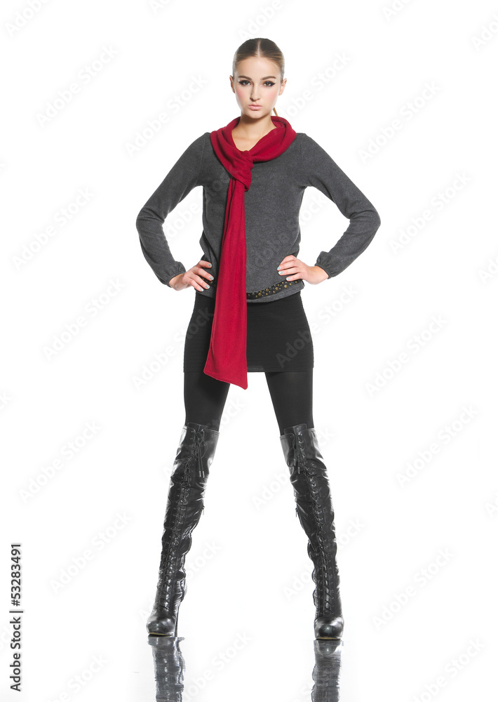 Fototapeta premium full body fashion woman with red scarf posing