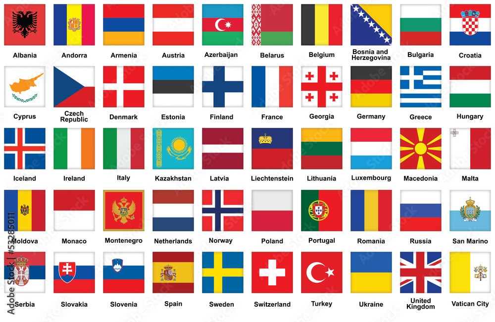 set of square icons with flags of Europe