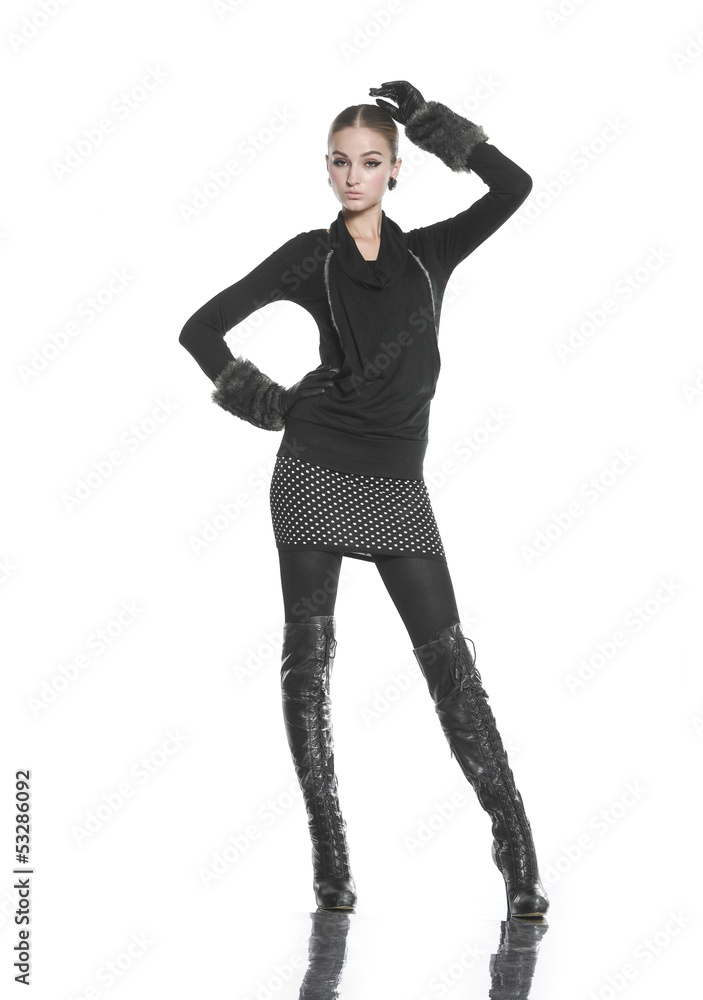 full body fashion woman with gloves posing on white background full body fashion woman with gloves posing on white background