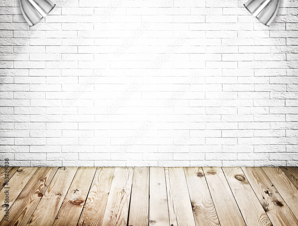 Room interior with white brick wall and wood floor background Stock ...