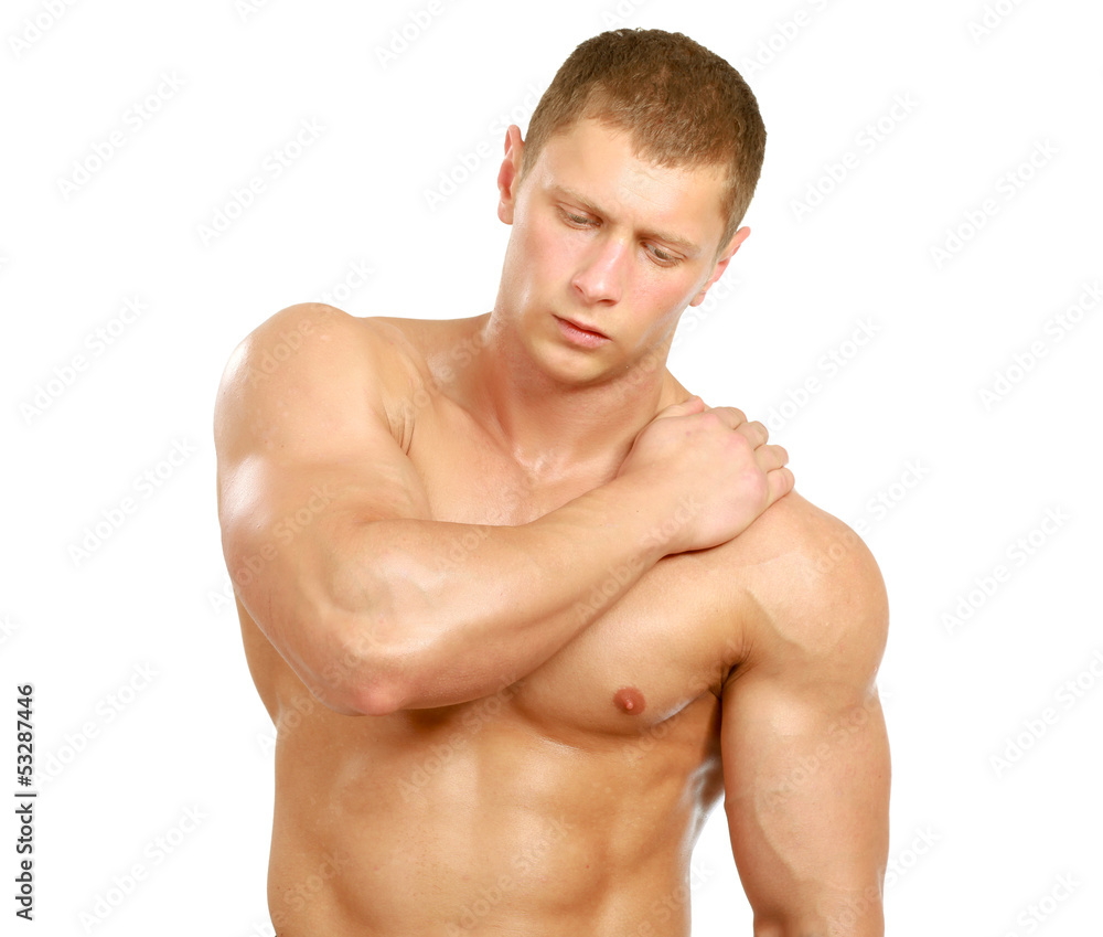 Muscular man with shoulder pain, isolated on white background Muscular man with shoulder pain, isolated on white background