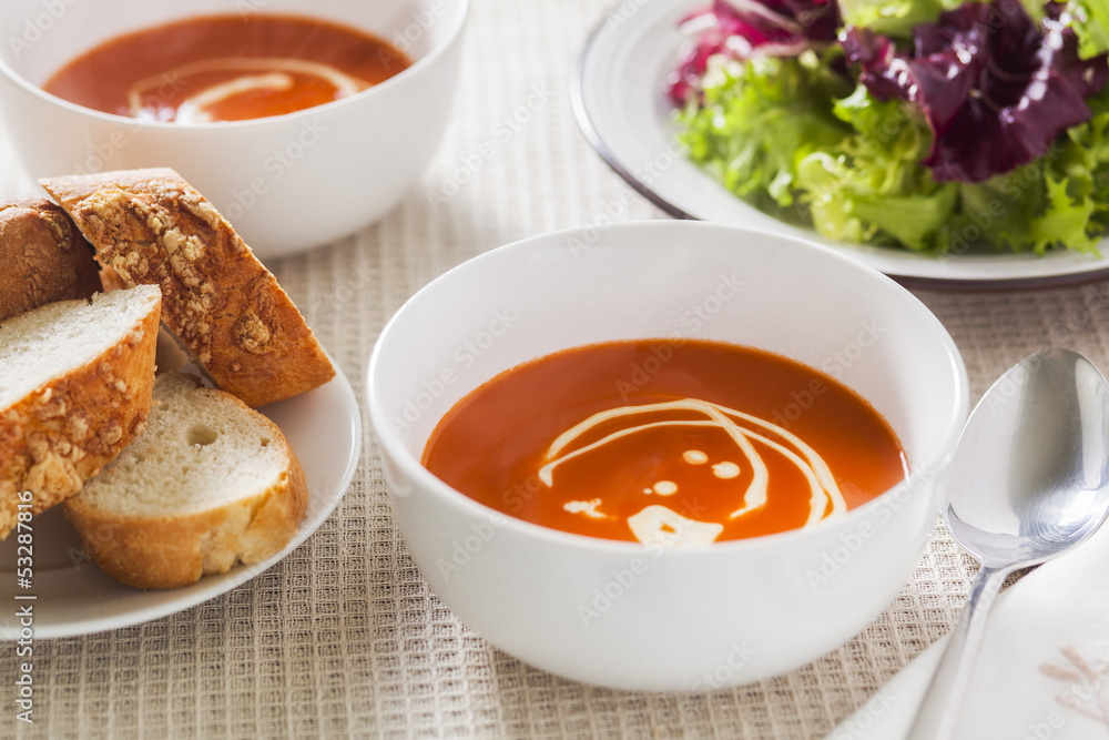 Tomato soup with side salad and crusty bread Tomato soup with side salad and crusty bread