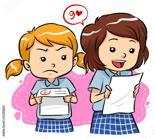 Students receive their exam results with different expressions.