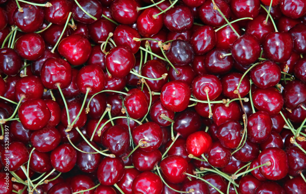 background of good and juicy ripe red cherries for sale at veget
