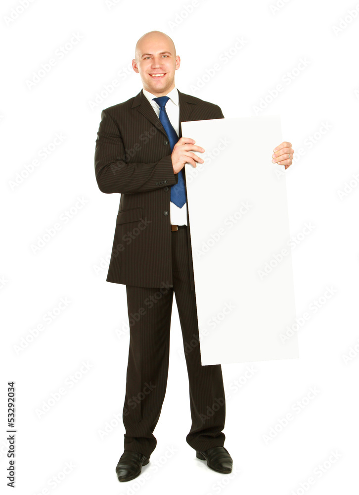 A business man with an empty blank, isolated on white background A business man with an empty blank, isolated on white background